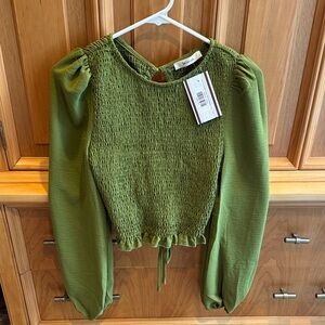 Elegant Green Smocked Blouse with Puff Sleeves